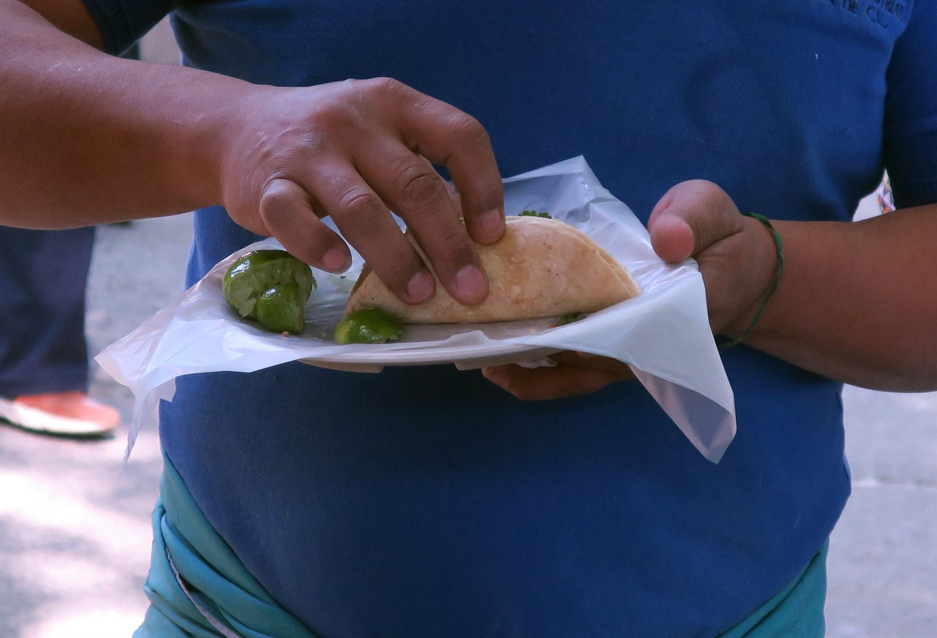 Fotografía de archivo que muestra a una persona con un plato de comida rápida en Ciudad de México (México). EFE/Mario Guzmán